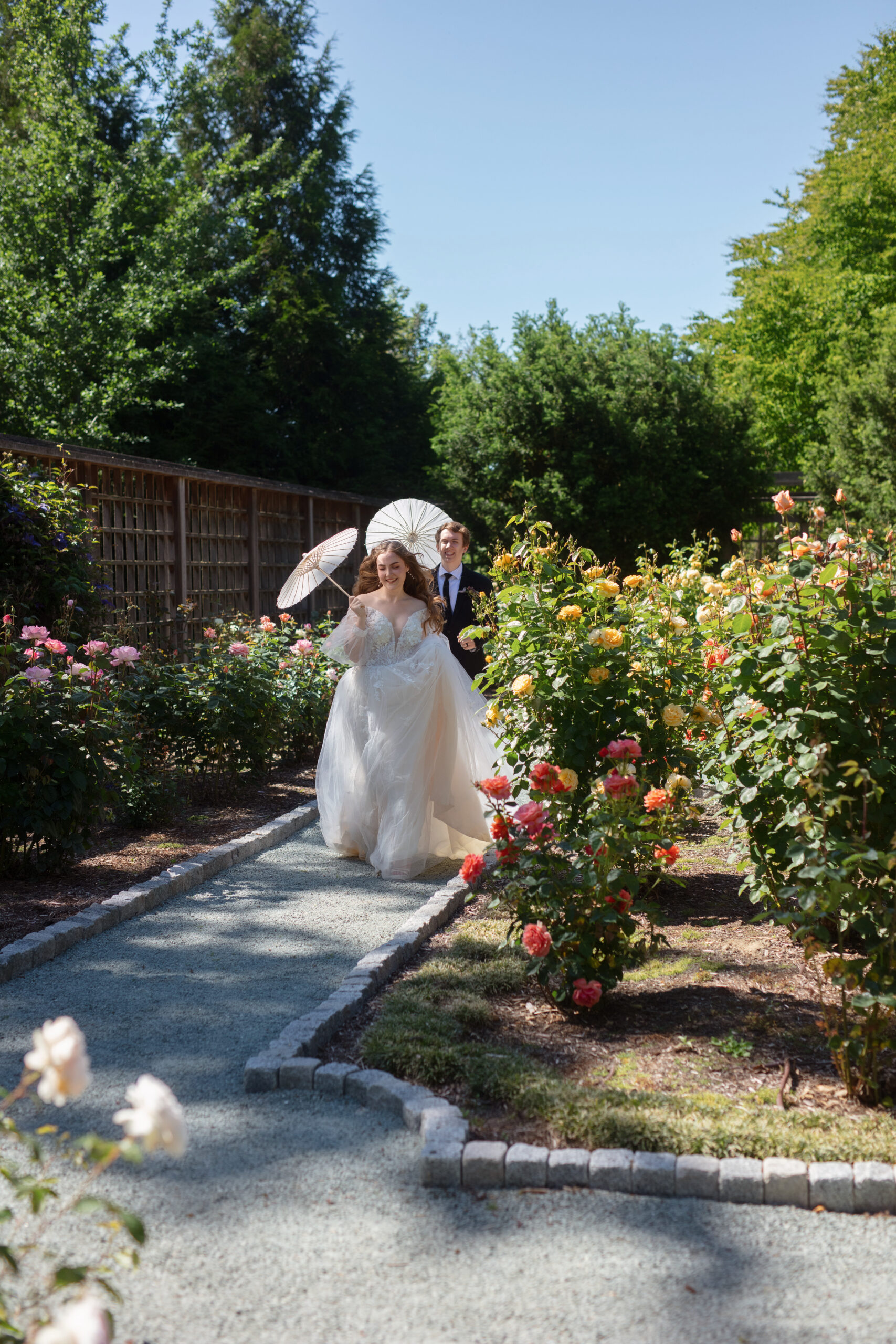 Romantic parasol portraits in the rose garden at Briarwood Estate.