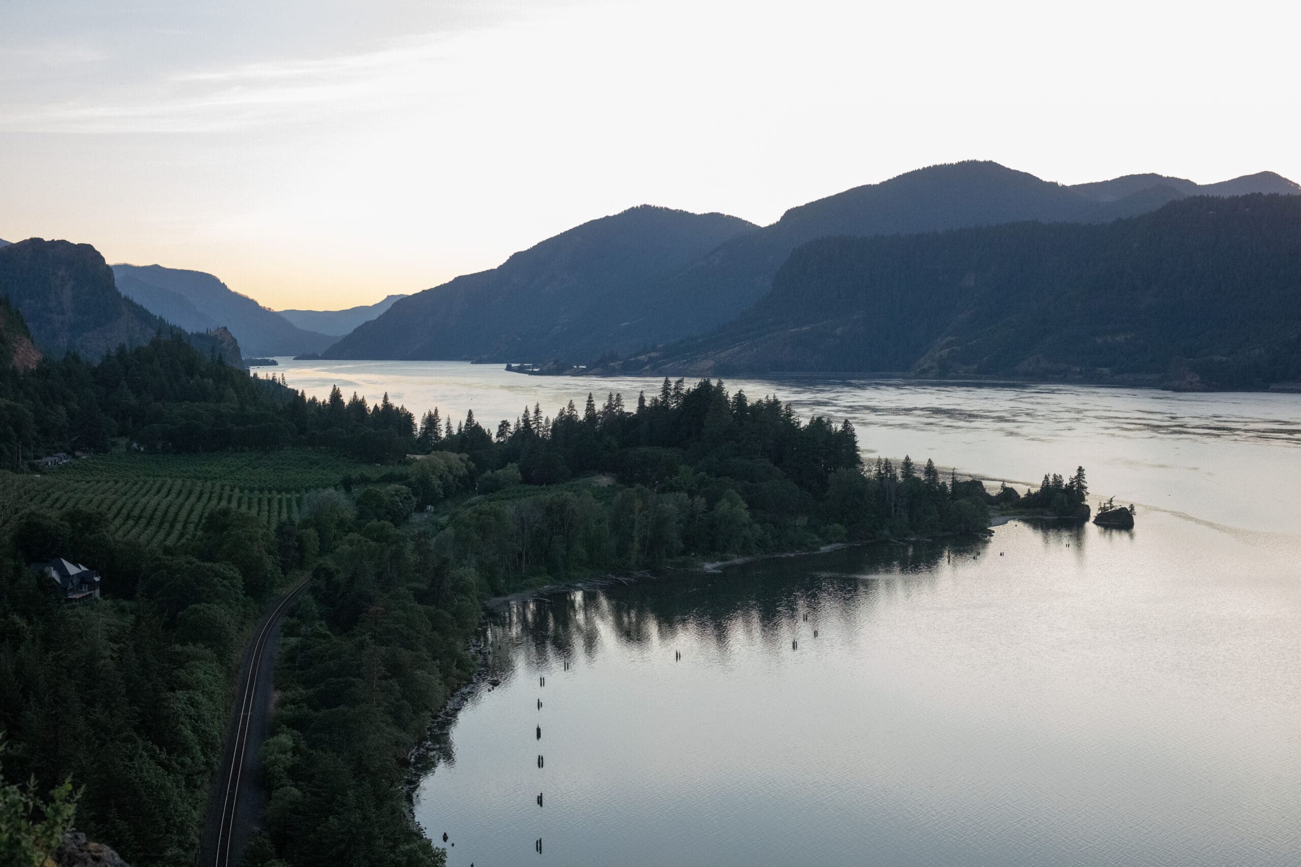Twilight view of the Columbia River winding through the Gorge at The Griffin House