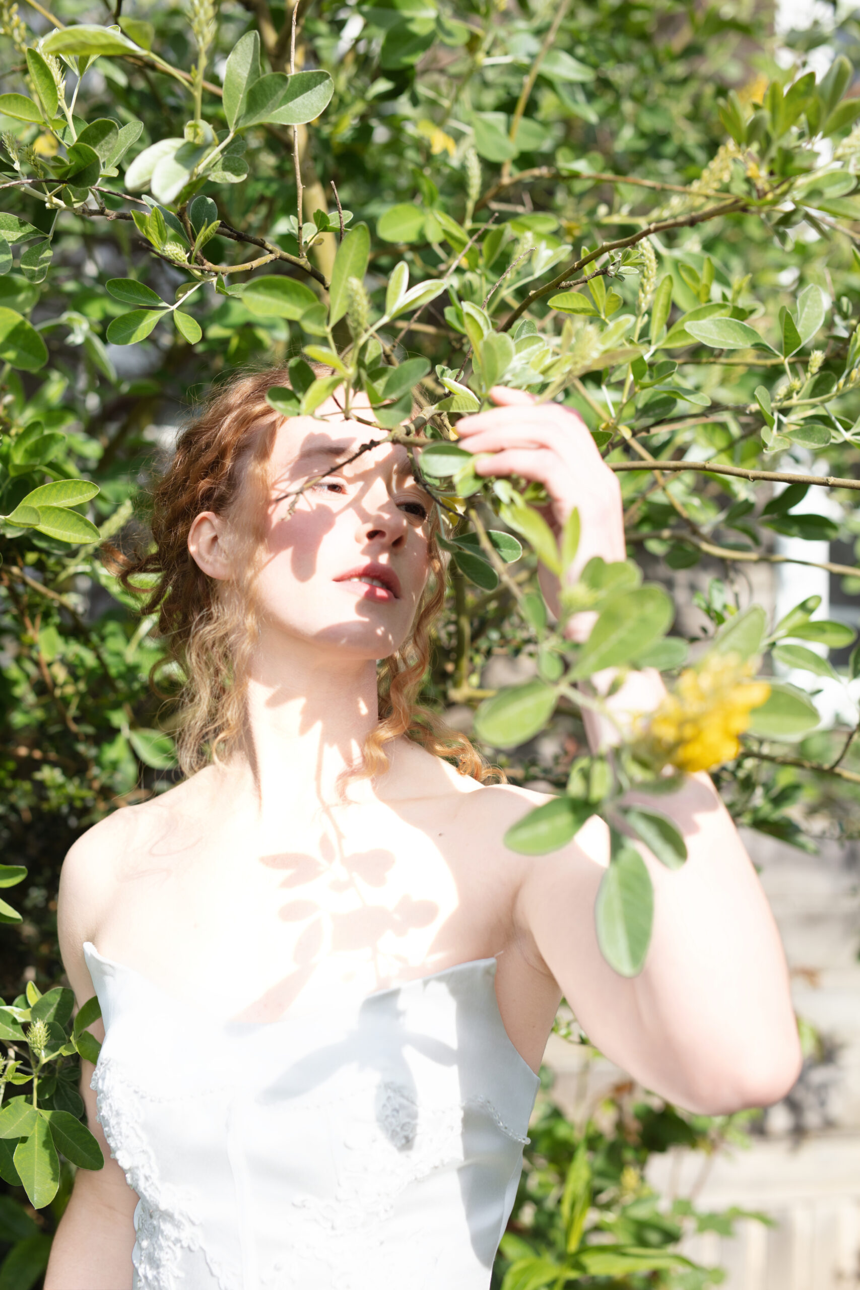 Bride playfully reaching into sun-dappled greenery, filtered sunlight casting shadows across her gown.