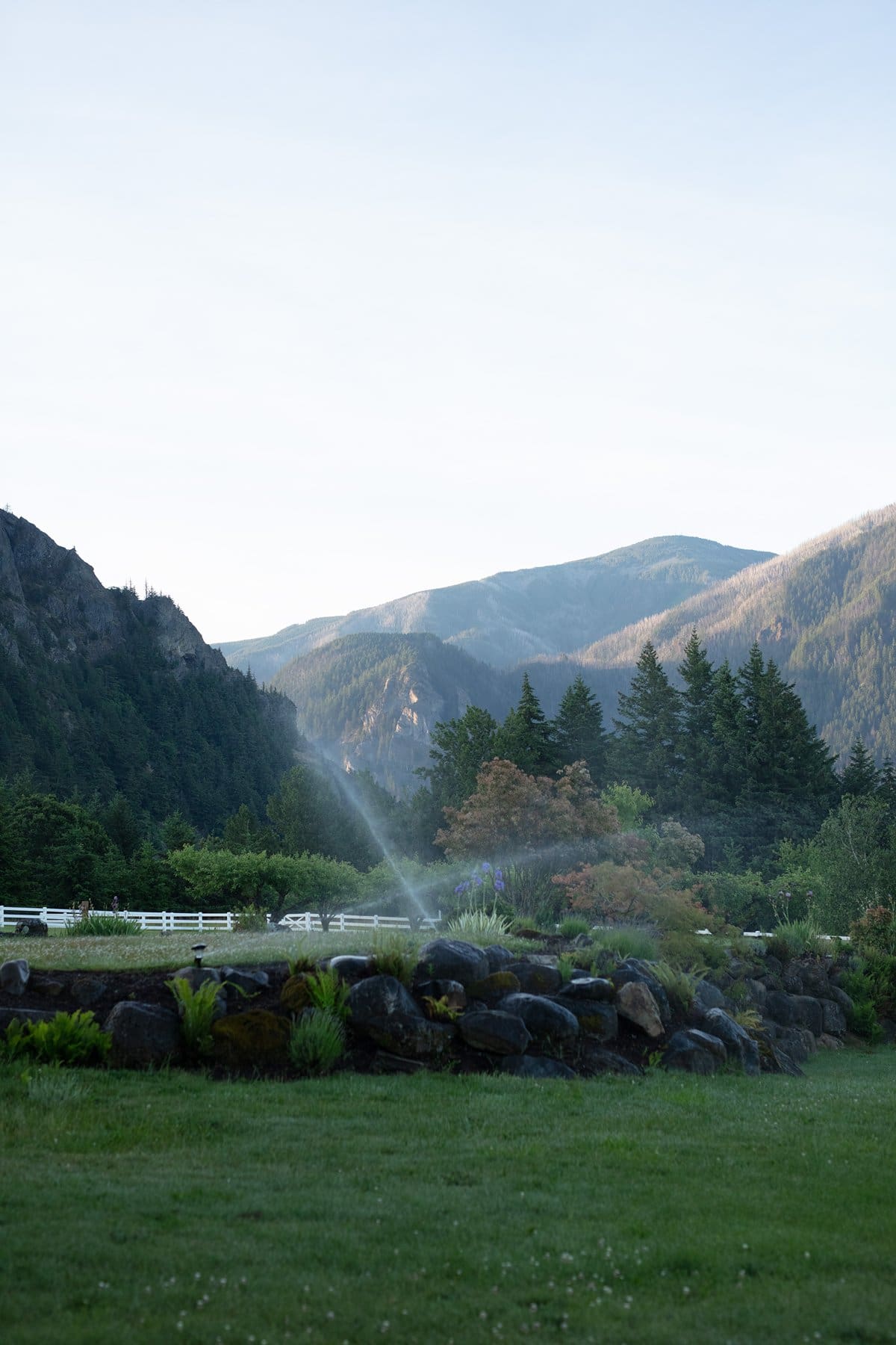 Morning light hits the sprinkler mist across the lawn and gardens at wind mountain ranch venue.